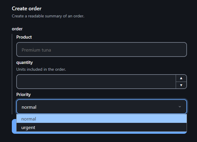 The create_order form with its priority dropdown open