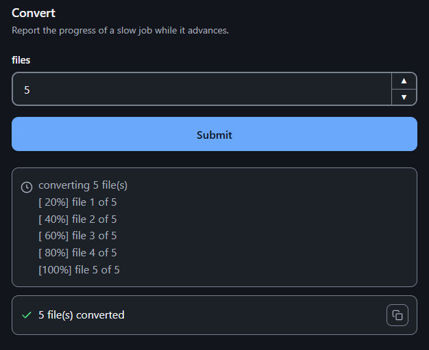 The convert form showing the printed lines while it runs