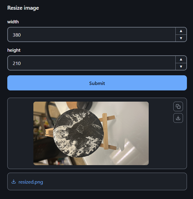resize_image opened from choose_image, with its size already filled in