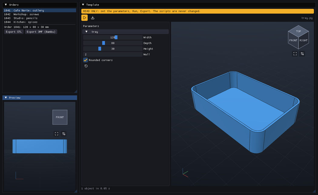 examples/embedded_app.py: an Orders list and a front Preview on the left, the read-only tray template (parameters and 3D view) on the right