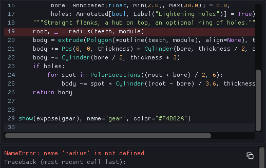 A failed run: line 19 marked in the editor, and under it the NameError with its traceback and the copy button