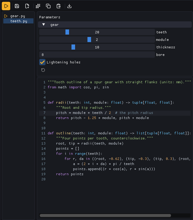 The file list with gear.py marked as the main file and teeth.py open in the editor