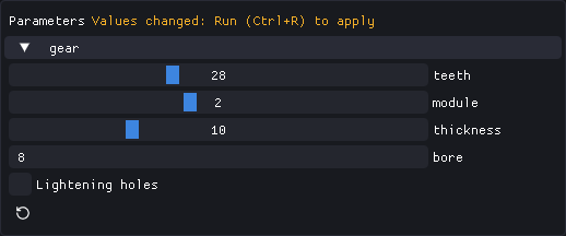The Parameters panel: sliders for teeth, module and thickness, a number box for bore, a checkbox, the Reset arrow and the "Values changed" notice