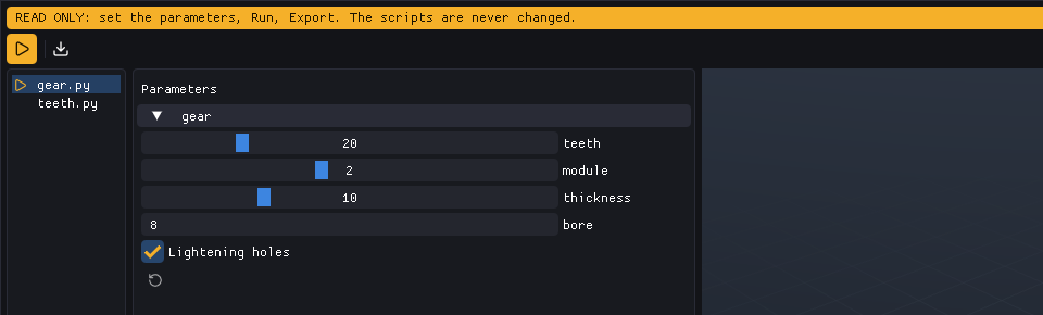 The READ ONLY band across the top of the window, above Run, Export, the files and the Parameters panel