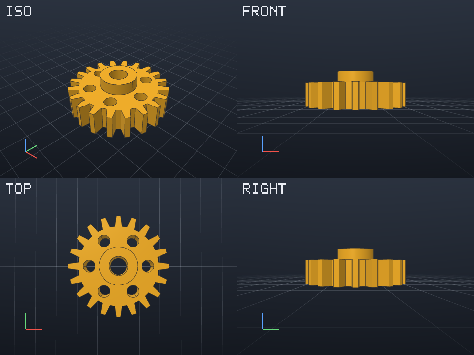 The output of render with --views iso,front,top,right: a gear in four labeled views
