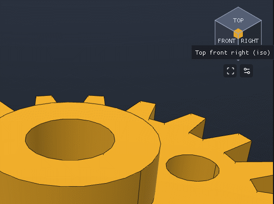The view cube with its top-front-right corner highlighted under the mouse and the tooltip "Top front right (iso)", over a gear