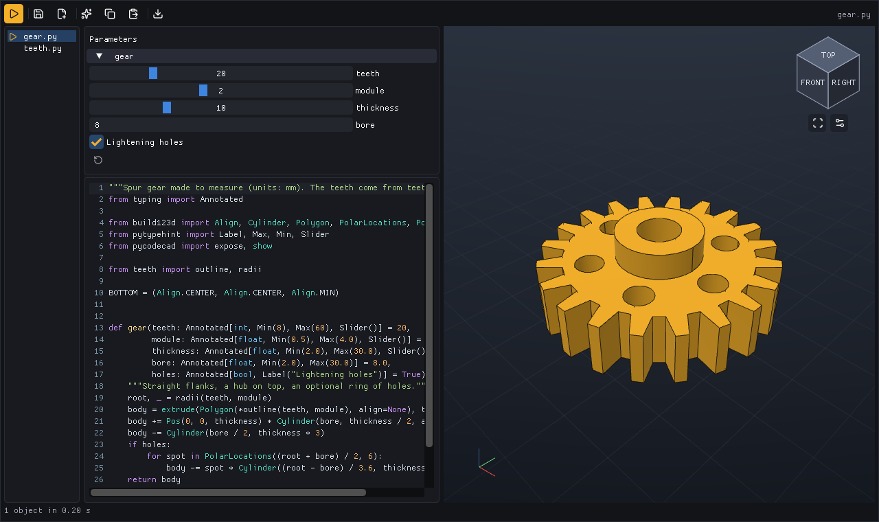 The pycodecad window: the files of the folder, parameters and code on the left, a gear in the 3D view on the right
